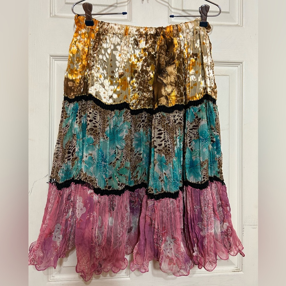 vintage like new Alberto Makali silk/rayon boho hippie flowy skirt L